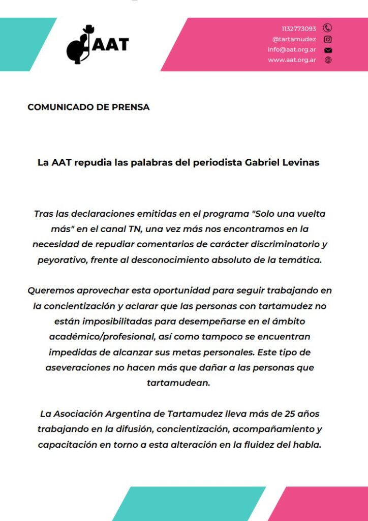 asociación argentina de tartamudez repudio gabriel levinas