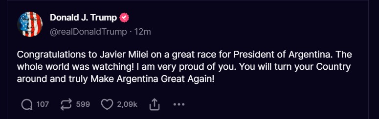 el posteo de Trump felicitando a Milei.