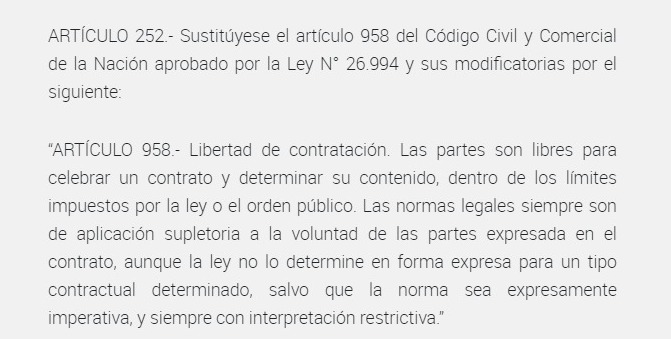 Modificación del artículo 958 del Código Civil en el DNU 70/23, citada por Sturzenegger.