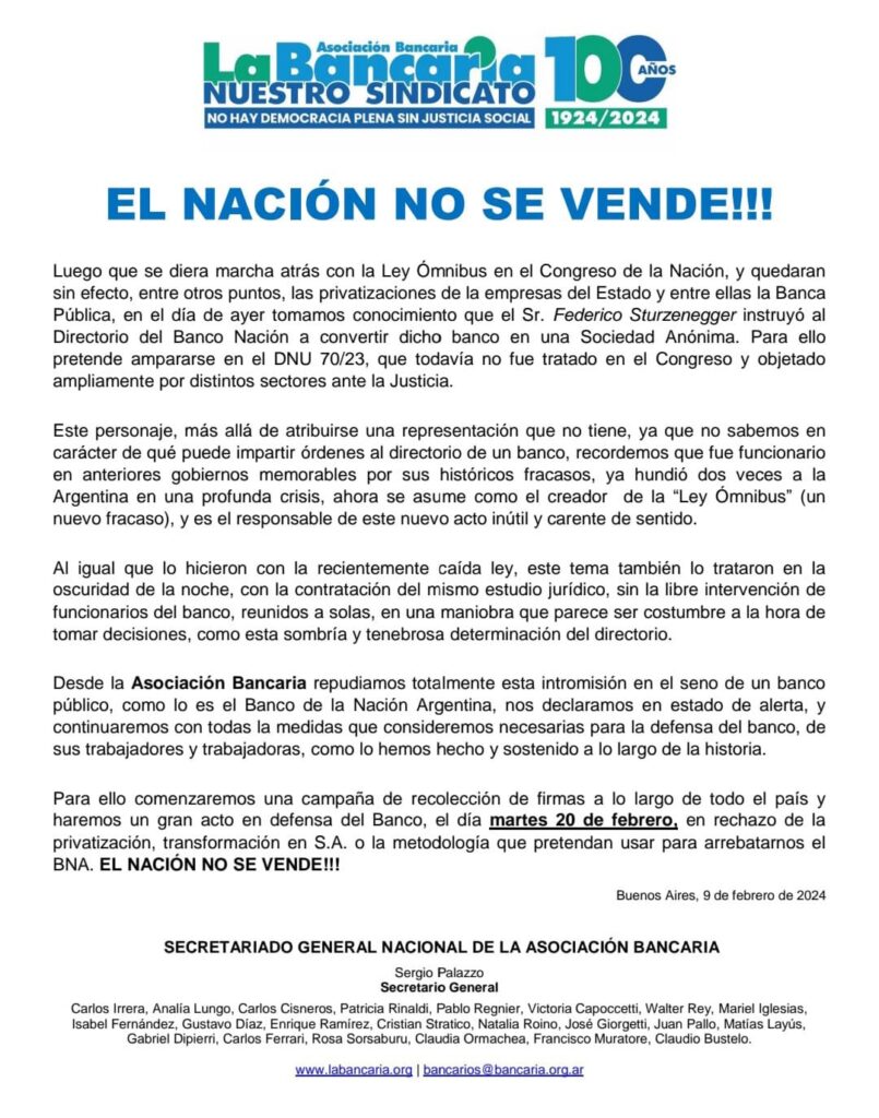 Comunicado de trabajadores del Banco Nación.