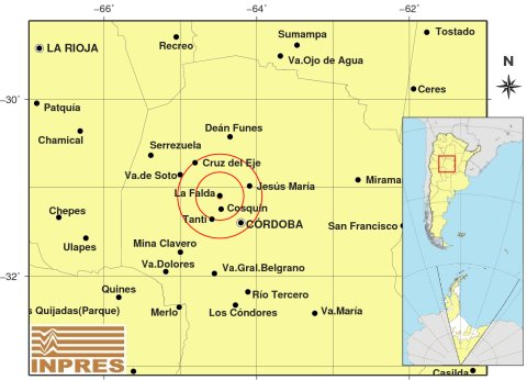 Mapa del Inpres sobre el sismo en La Falda.
