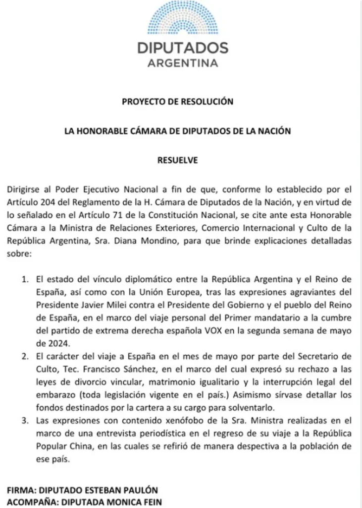 Diputados convocaron a Diana Mondino para que esclarezca la situación de Milei en España